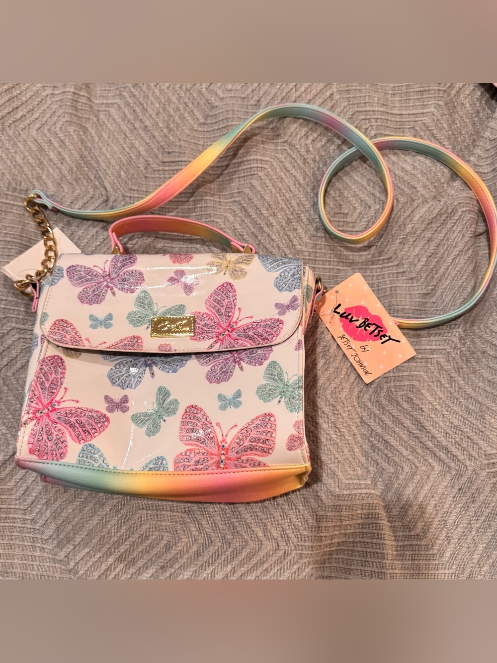 Betsey Johnson Luv Betsey Patent Crossbody Purse Handbag Rainbow Butterflies NEW